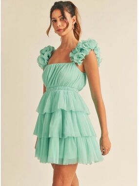 🌿 NWT Mable Mint Pleated Tiered Ruffle Dress - Size Medium - Boutique Style